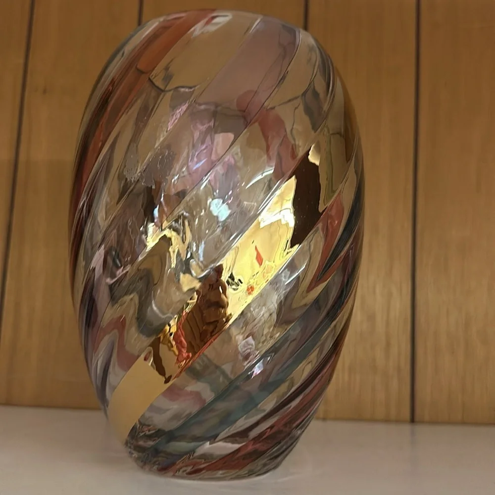 Vintage rainbow  swirl gold encrusted glass vase  Czech 9 1/2 x 4 1/2”